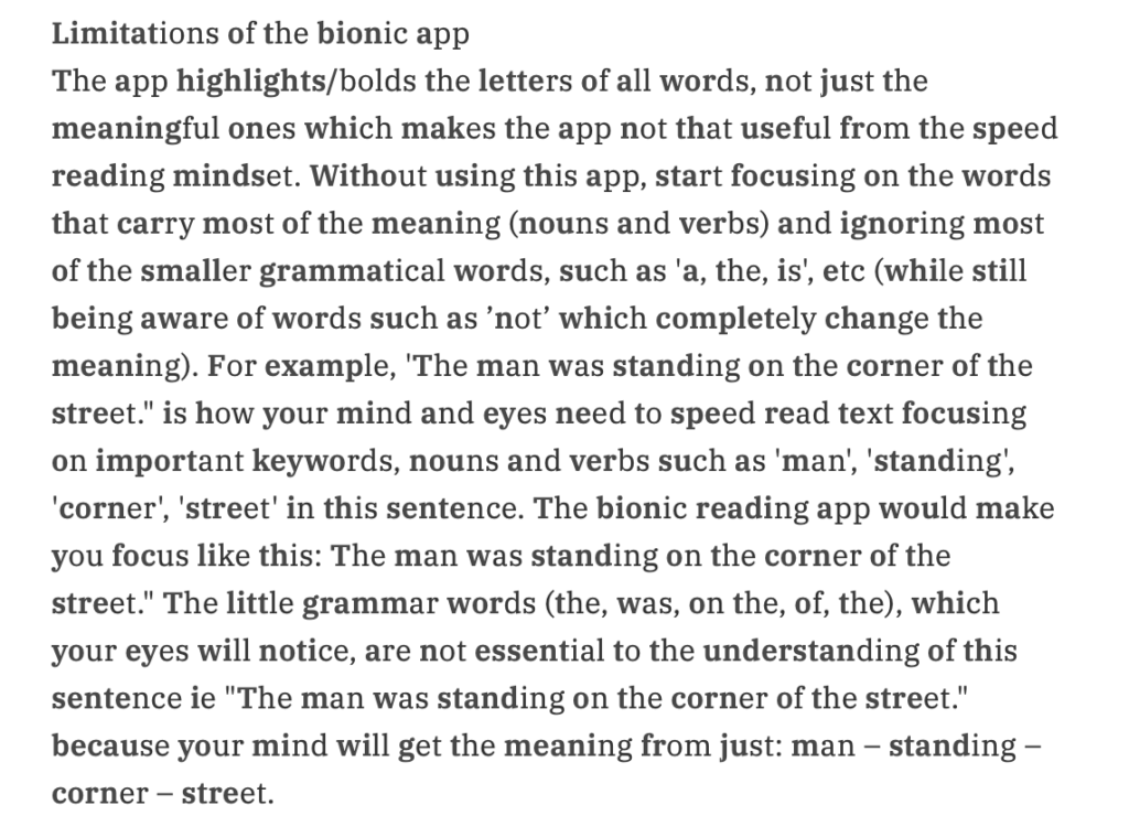 An example how the bionic reading app would try to help you read faster by highlighting the first letters of the paragraph above